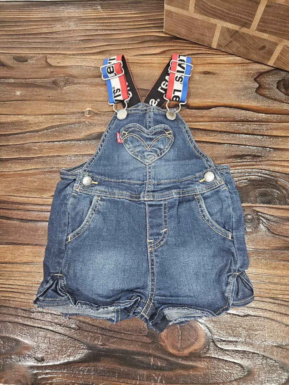 Levi's Baby Girls 6 Month Denim Jean Heart Shortalls Logo Striped Elastic Straps